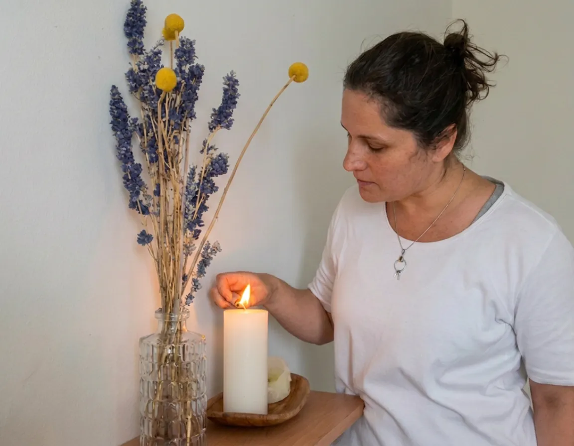 Elaine lighting a candle – the senses and holistic well-being