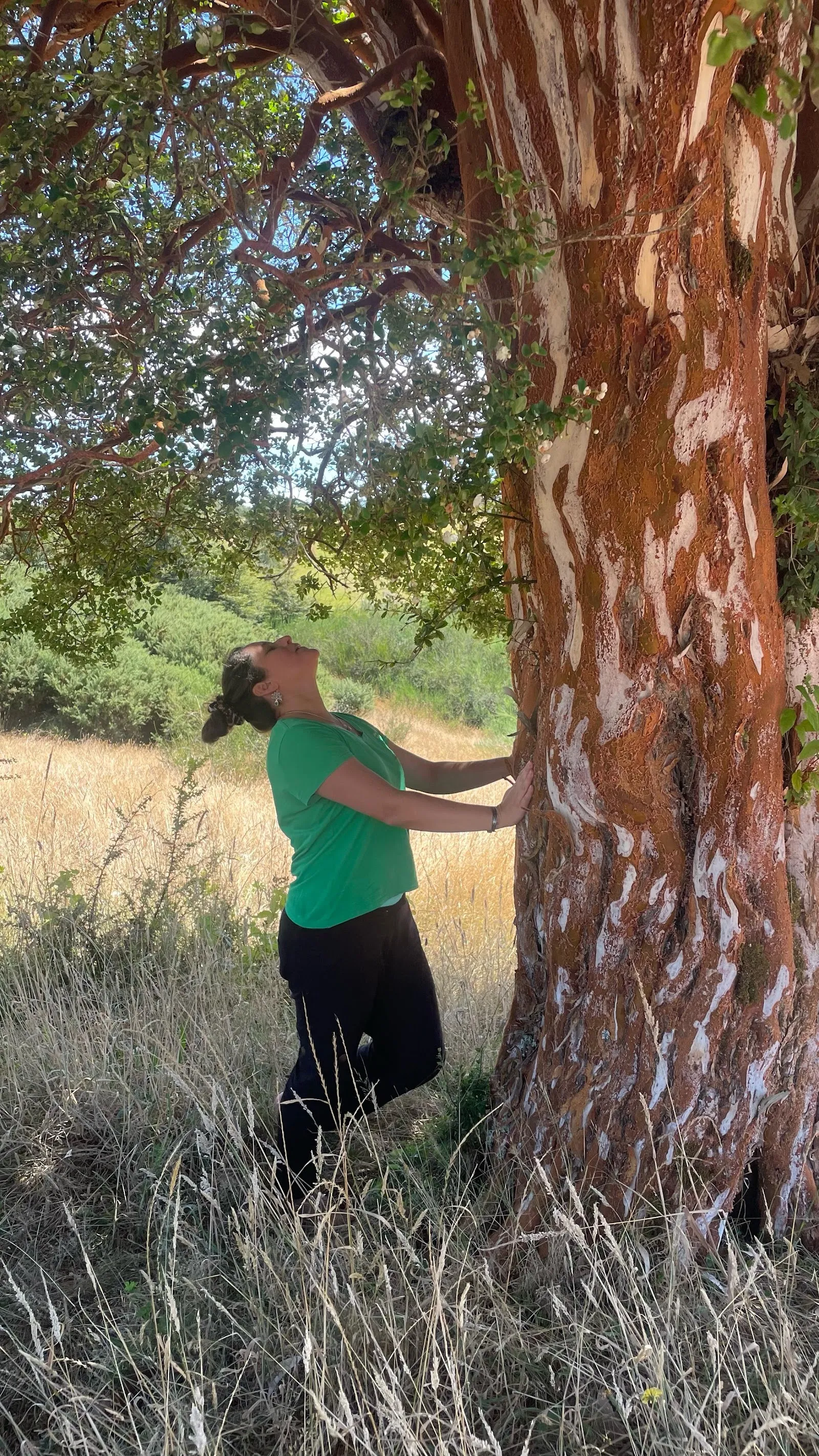 Elaine touching the tree that inspired the AlmSens logo
